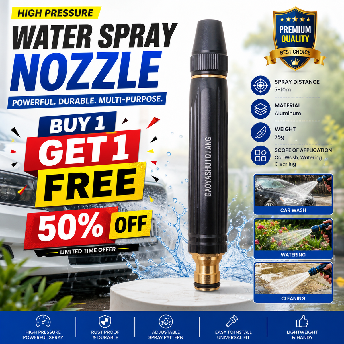 Premium High Pressure Brass Water Spray Nozzle – Car Wash, Gardening & Home Cleaning | Buy 1 Get 1 FREE | Only ₹699