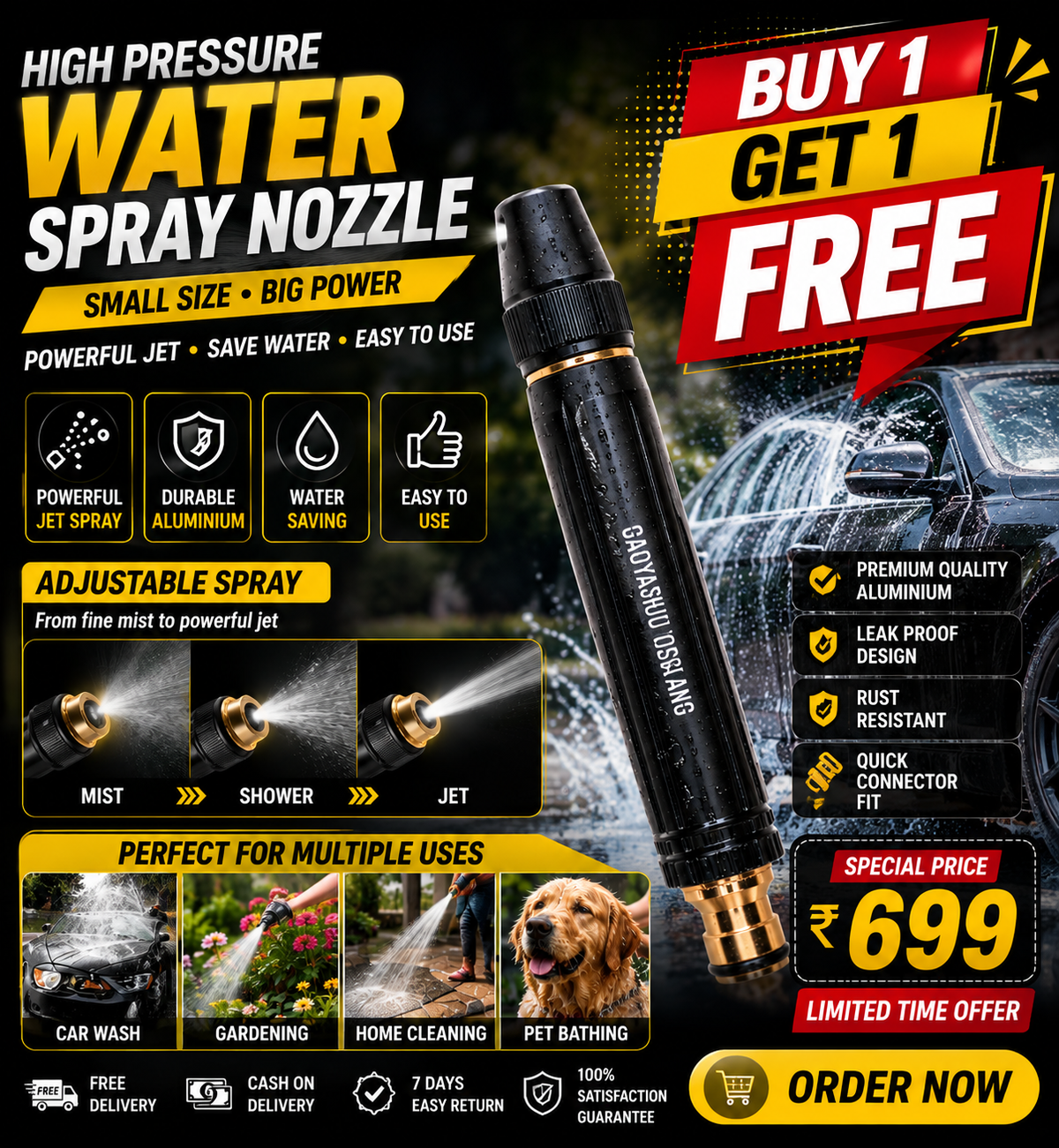 Premium High Pressure Brass Water Spray Nozzle – Car Wash, Gardening & Home Cleaning | Buy 1 Get 1 FREE | Only ₹699
