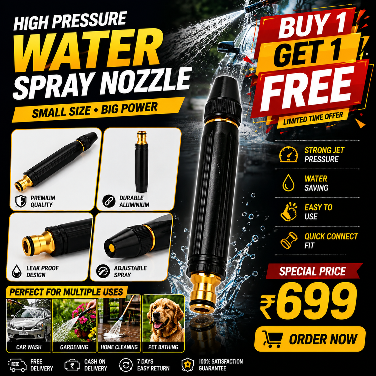 Premium High Pressure Brass Water Spray Nozzle – Car Wash, Gardening & Home Cleaning | Buy 1 Get 1 FREE | Only ₹699
